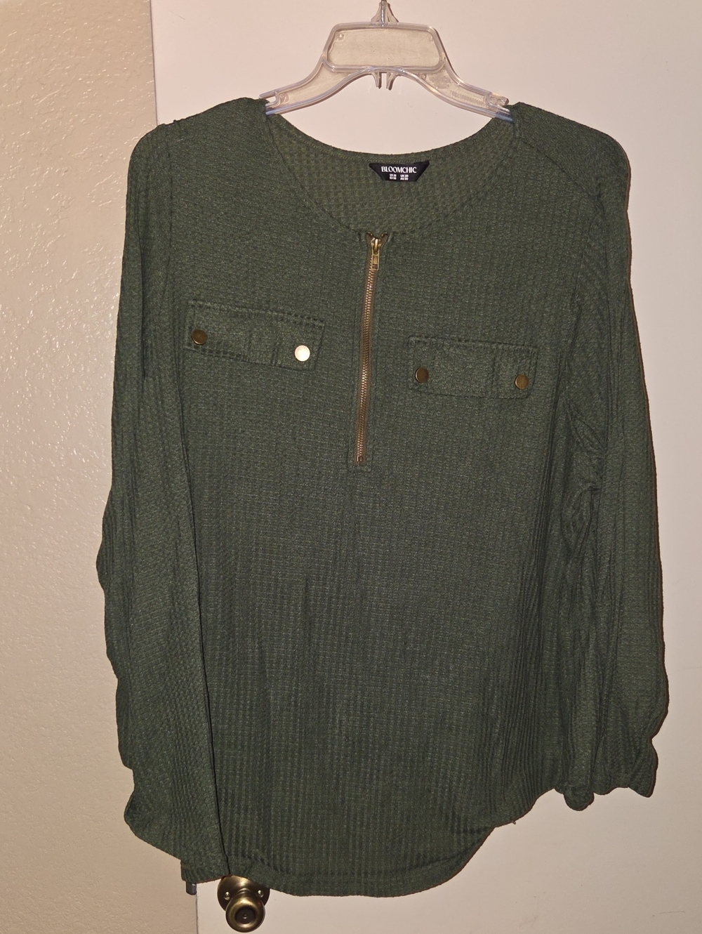 BloomChic Olive Green Half-Zip Waffle Knit Blouse / Top